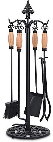 COSTWAY 5 Piece Fire Tools Set, Iron Fireplace Fireside Companion Brush, Poker, Shovel and Tong (Wood + Black)