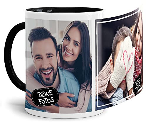 Foto-Tasse zum selbst gestalten mit Foto-Collage für 2 Wunschfotos - Geschenk für Familie, Freunde, Geburtstag, Weihnachten - Keramik Innen & Henkel Schwarz, 300 ml I Personalisiert