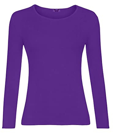 KATSSI Women’s Ladies Long Sleeve Stretch Plain Round Scoop Neck T Shirt Top ML Purple