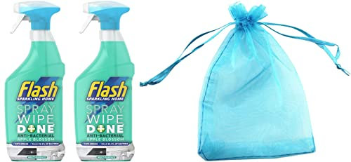Flash Sparkling Home, Spray Wipe Done, Antibacterial Spray, Pack of Two, 2 x 800ml, Apple Blossom Scent + Our Gift for You - Organza Bag Size 9 x 7 x 0.1 cm