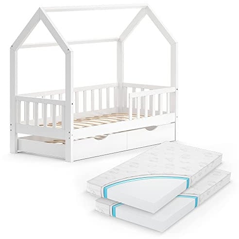VitaliSpa Hausbett Wiki, Bett aus Holz, Weiß, 80x160 cm mit Gästebett und 2 Matratzen