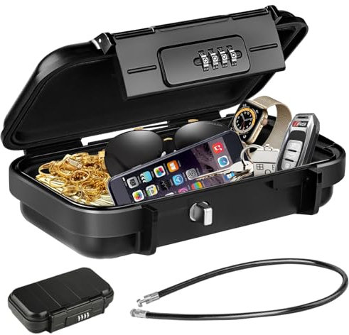 HUANLANG Portable Safe Lock Box with Combination Lock Mini Beach Travel Safe Waterproof Small Lockable Box with Removable Wire Rope Combination Safe Box for Dorm,Travel,Beach,Hotel,Car,Home,Office