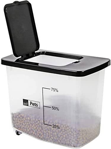 YORKSHIRE HOMEWARE 30L / 13KG Airtight Pet Food Storage Container Box Flip Top With 2 Wheels Transparent Plastic Birds Pet Dog Cat Animal Dry Food Seed Dispenser Bin L 45 x W 27.5 x H 36.5 cm (Black)