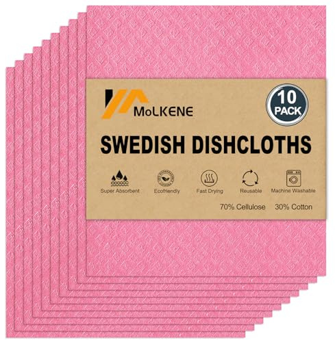 MoLKENE Swedish Dishcloths for Kitchen, 10 Pack Reusable Paper Towels, Pink | Non-Scratch Cellulose Sponge Cloth Washable, Absorbent Quick-Drying Cleaning Cloths Dish Rag, No Odor, Food-Safe, 7.7” x 6.9”