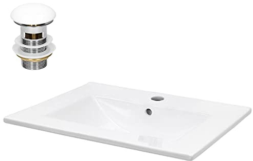 ECD Germany Lavabo di Appoggio Design Moderno 610x465x175 mm in Ceramica Rettangolare Finitura Bianco Lucido Lavandino ad Incasso Lavello Lavamani Bacinella Sanitari Bagno incl. Piletta e Troppopieno