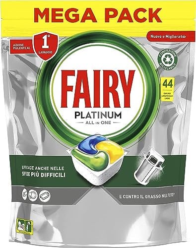 Fairy Platinum Detersivo Pastiglie Lavastoviglie, Brillantante, 44 Capsule Lavastoviglie, Limone, Con Sistema Di Prelavaggio Integrato, Efficace Nelle Sfide Difficili Contro Lo Sporco