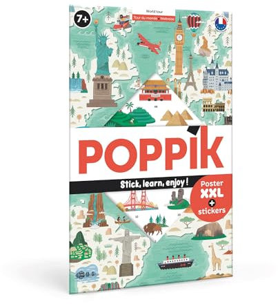 POPPIK 1841167 Sticker-Poster, Weltreise, interaktives Lernposter mit Aufklebern, mehrsprachige Weltkarte, für Kinder ab 7 Jahren, 68 x 100 cm