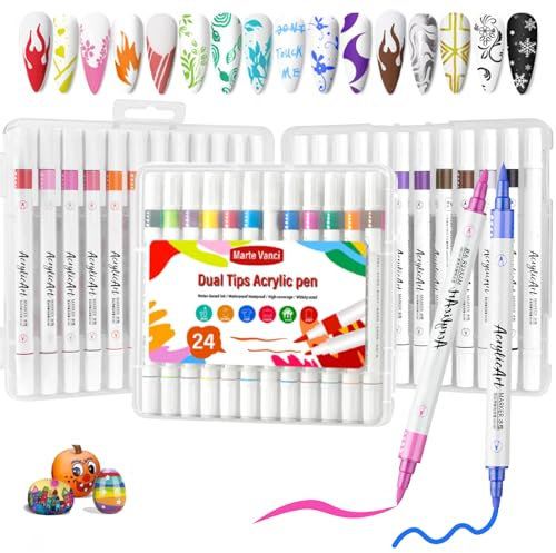 Marte Vanci Acrylic Paint Pens, 24 Colour Dual Tip Paint Marker with Brush And Bullet Tip Nail Art Pens Colouring Pen Set for Nails, Rocks Painting, Glass, Wood, Canvas, Mugs, DIY Craft Art Supplies