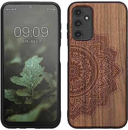 kwmobile Hülle kompatibel mit Samsung Galaxy A14 5G Hülle - Holz Case - Handy Cover - TPU Handyhülle in Dunkelbraun Halbblume