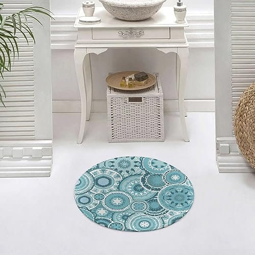 Runder Waschbare rutschfeste Badezimmer Teppich Aqua-Hippie-Blumenblätter-Mandala rundet traditi Rund Klein Badematte 60 cm,Teppiche für Eingangsbereich Innen Dusche Zimmer Kinderzimmer Schlafzimmer