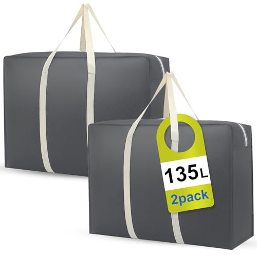 BoloShine 135Lx2 Groß Aufbewahrungstasche Wasserdicht Unterbett Aufbewahrung Tasche mit Reißverschluss, Umzugstaschen Big Seesack Bag für Wäsche Kleidung Kissen Schuhe Bettdecken Camping (Grau)
