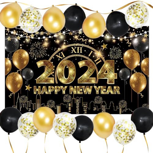 Silvester Deko 2024 Neujahrs Banner mit 15 Schwarz und Gold Balloon,Happy New Year Banner 2024 Große XXL Stoff Foto Hintergrund Banner Willkommen Veranda Zeichen für Silvesterpartydeko