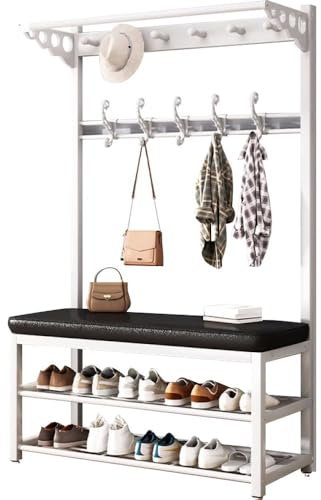 angelfanmily Garderobenständer Metall mit Sitzbank, Freistehende Kleiderständer mit Schuhregal 2 Ablagen, 6 Haken und Sitzbank, Mehrzweck Offener Kleiderstange Holz, Maximale Belastung 100 kg