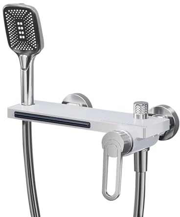 XJTNLB Mitigeur Baignoire Cascade Robinet Douche Mural, Robinet Mitigeur et Douche de Salle de Bain Baignoire Chrome + Blanc