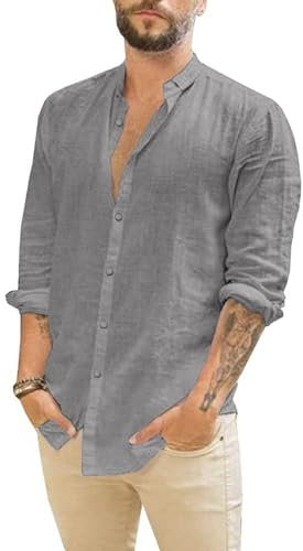 Friptspyg Linen Shirts Mens Long Sleeve Button Down Beach Causal Shirts for Men Adult, Dark Grey XL