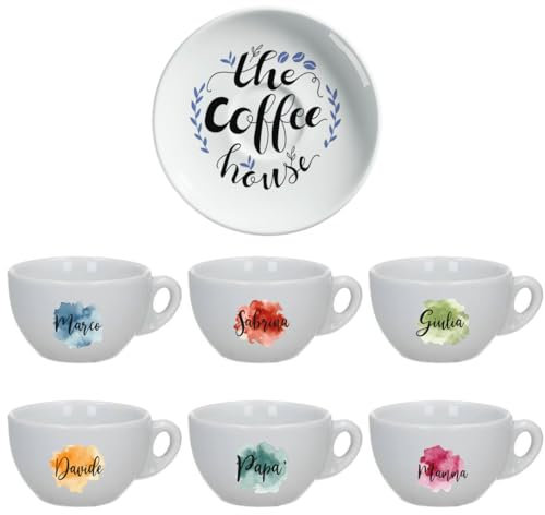 The Coffee House Set 6 Tazzine da Caffè + Piattini in Ceramica Personalizzati con Nomi e Scatola Rossa Idea Regalo Originale Compleanno Natale Feste Cucina Prima Colazione Mattina Arredo Casa Tavola