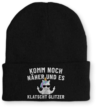Komm noch näher und es klatscht Glitzer - Beanie mit Spruch in Black | Spruchmütze in Black mit Stickerei - doppellagig gestrickt, aus Polyacryl, elastisch, Unisex-Einheitsgröße, Strickmütze