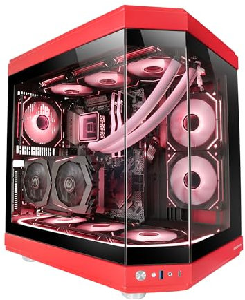 Mars Gaming MC-3T, Custom ATX-Gaming-Gehäuse, Triple Window Durchgehend Gehärtetes Glas, Volle Flüssigkeitskühlung, Dual Side Kamera, 3X Vertikale PCI Slots, USB-C und USB 3.0, Rot