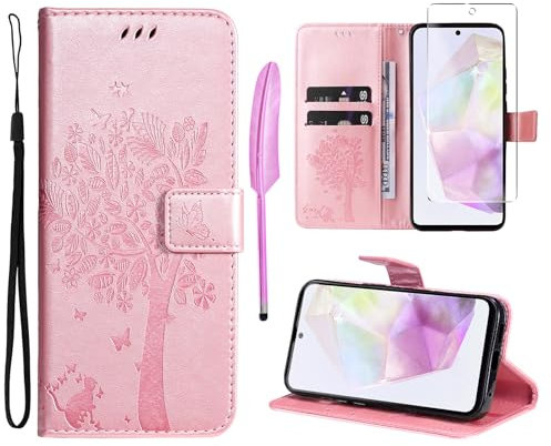 Oududianzi - Cover Samsung Galaxy A35 5G Libro Flip Custodia Portafoglio Pelle PU Silicone TPU Antiurto [1X Vetro Temperato] [Slot Schede][Chiusura Magnetica][Funzione Stand] Cover Samsung A35-Rosa