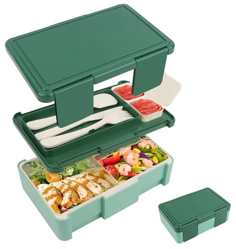 RISVOWO Brotdose Kinder mit Fächern 1450 ML, Lunchbox Kinder mit 4+2 Fächern, Bento Box Kinder, Auslaufsichere Lunchbox mit Fächern Perfekt für Schule, Kindergarten & Ausflüge (Grün)