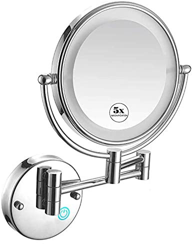 Makeup Mirror Wall Mount with 5X Magnification, Round Makeup Mirror 360 Rotation Double-Sided Makeup Mirror, USB Rechargeable (Color : Silver White) (