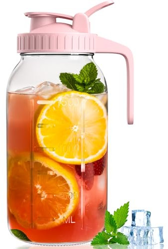 VA1KENE 64 oz Glass Mason Jar Pitcher with Lid and Spout for Fridge, 2 Quart Wide Mouth Leak-proof Glass Water Jug with Handle, Airtight Seal for Juice, Sun Iced Tea, Coffee (Pink)