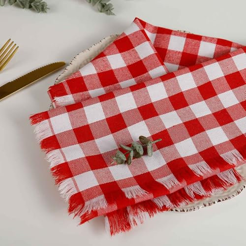 Lot de 8 serviettes de table en coton à carreaux avec franges - Lavables - Serviettes de table surdimensionnées à carreaux vichy pour mariage, fête, Thanksgiving, décoration de dîner - Rouge et blanc