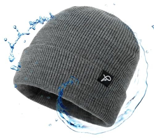 TOP-EX XXL wasserdichte Wintermütze Herren & Damen, Warme Fleece-gefütterte Strickmütze Beanie, Atmungsaktive Outdoor Lauf- & Skimütze, Winddichter Regenschutz, Herrenmütze Grau