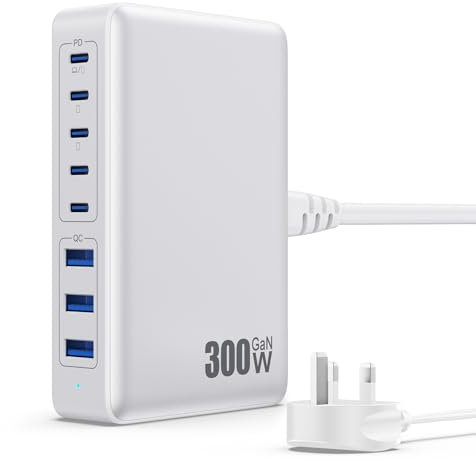 300W USB C Charger Block (GaN IV) 8-Ports Fast Charging Station Hub, 100W PD Laptop Desktop Adapter Compatible With MacBook, DELL, iPhone 16/15, Android - White