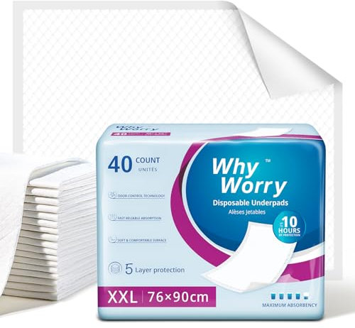 WhyWorry Alèses Jetables 76x90 cm Imperméables, Matelas de Lit Protections pour Adultes Incontinence et Fuites Urinaires, Tapis Absorbant Educateur Chien Animaux, Contrôle des Odeurs, 40 Unités