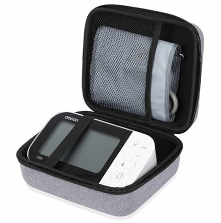 Ginsco Universal Hard Shell Case for Blood Pressure Monitor, Compatible with Omron BP7000, Portable Carrying Travel Case with Handle, Mesh Pocket for Cuff/Batteries/Charger (Gray, L)