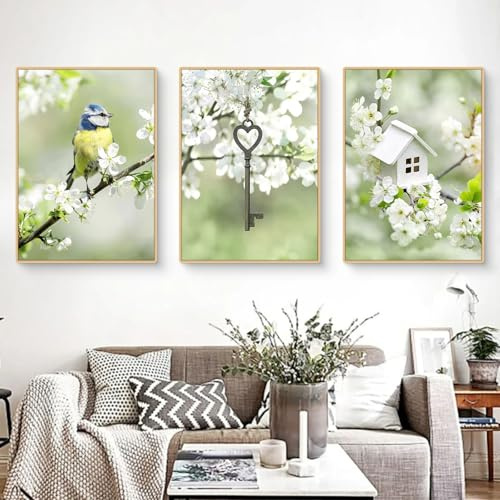 3 Stück Poster Set, Modern Grün Landschaft Bilder Poster & Kunstdrucke, Frühling Sonnenblume Windmühle Bauernhaus Kirche Leinwand Wandbilder für Wohnzimmer Schlafzimmer, Ohne Rahmen (30x40cm,DEF)