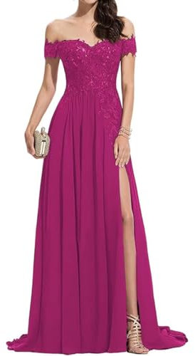 ZCXCsfp Vestido largo de noche con apliques de encaje para mujer, cuello en V, hombros descubiertos, vestido largo de graduación, con abertura, fiesta formal, boda, fucsia, 40