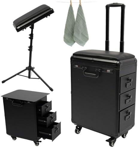 Tattoo Travel Case with Tattoo Armrest, Rolling Makeup Case, Trolley Case with, with Combination Lock & Handles, Portable 3 Drawers Makeup Train Case, Artist's Portable Work Station