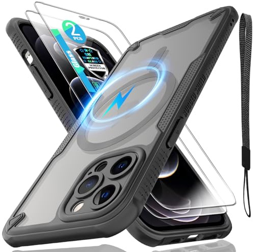 for iPhone 12 Pro Max Case, Translucent Matte Back Compatible with Magsafe Magnetic Slim Shockproof Protective Case with Lanyard Strap and 2*9H Tempered Glass Screen Protector Phone Cover 6.7”-Black