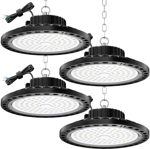 TOPAUBUB 100W Faretto LED UFO Interno 4 Pezzi, Lampada LED per Capannone 10000LM con Catena Metallica da 30CM, Driver, 6500K IP65 Plafoniera LED Garage Industrial per Campana Officina Sofftto