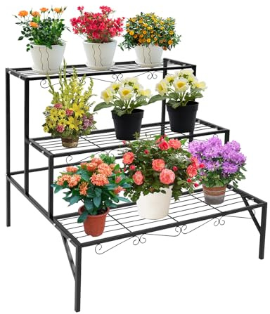 Dokiiovo Blumentreppe 3-stufig, Pflanzenregal aus Metall, Pflanzenständer mit 3 Ebenen, Freistehender Blumenständer Pflanzentreppe für Outdoor Indoor, Balkon, Garten, 70x58x60 cm (Schwarz)
