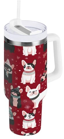 ZZXXB Happy New Year Bulldog Insulated Stainless Steel Water Bottle with Handle and Straw Lid Double Walled Travel Mug 30 oz
