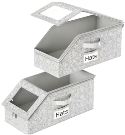 flaxarne Stapelkasten für Kappen, Hut Aufbewahrungsbox mit durchsichtigem Fenster, Faltbarer Cap Organizer für Schrank und Regal, 2er Set Hutbox für Damen & Herren, Grau 42×22×17cm