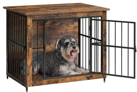 Feandrea Hundebox, Hundekäfig Möbel, aus Holz und Metall, 82 x 55 x 64 cm | Gitterbox, mit 2 Türen und geschlossenem Boden, für Zuhause, Vintagebraun, DEGWOOD Kollektion PFC022KD01