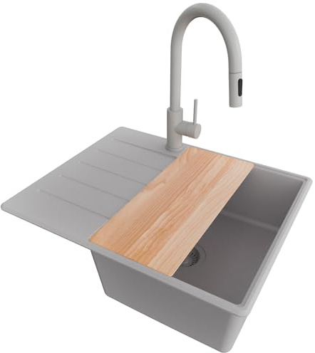 PRIMAGRAN Granitspüle ab 45er Unterschrank + Küchenarmatur, 62x50cm | Set: Küchenarmatur BW9010 + Ablauf-Set + Schneidebrett + Eckspüle 1 Becken - Kopenhagen, Alles Grau