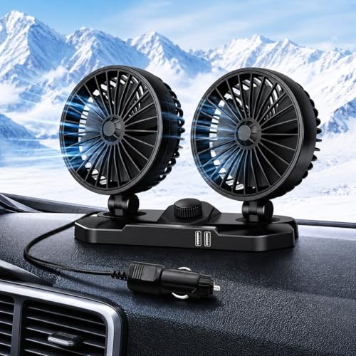 Shengruili Auto Ventilator,12V Doppelkopf Ventilator Auto,360 ° Drehbarer Doppelköpfiger Ventilator,Auto Kfz Lüfter,Autolüfter,Auto Ventilator für Rücksitz,RV, LKWs, SUV