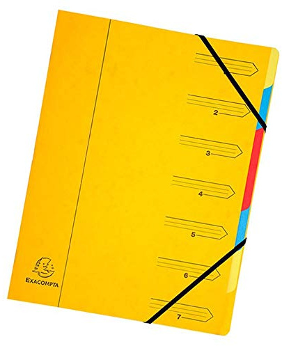 Exacompta 54079E Premium Ordnungsmappe geheftet. Aus extra starkem Colorspan-Karton DIN A4 7 vollfarbige bunte Fächer und 2 Gummizüge mit Organisationsdruck Ringmappe Register-Mappe gelb