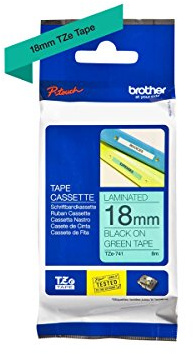 Brother TZe-741 Labelling Tape Cassette, Black on Green, 18 mm (W) x 8M (L), Laminated, Brother Genuine Supplies