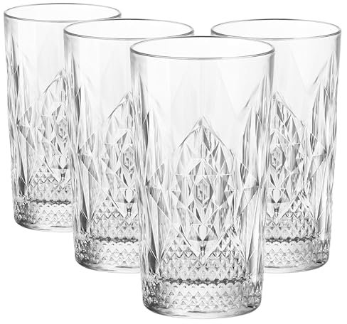 Bormioli Rocco Bartender Stone Highball Glasses - Vintage Art Deco Water Juice Cocktail Tumblers - 490ml - Pack of 4