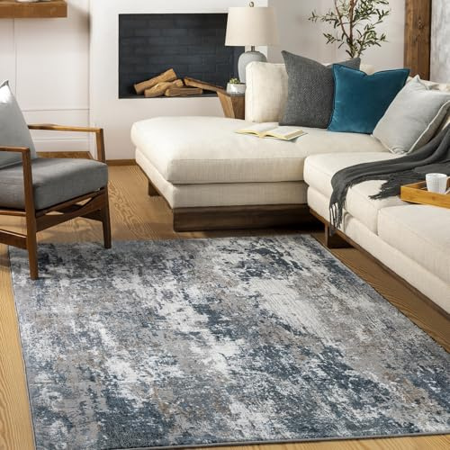 Livabliss Noello Abstract Area Rug, 200 x 275 cm, Sky Blue & Ivory, 100% Polyester Medium Pile, Durable Jute Backing, Machine Woven Indoor Carpet for Living Room, Bedroom & Dining Room