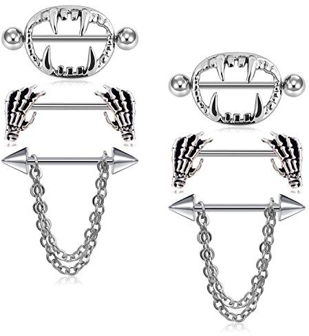 LAURITAMI 3 Paar Brustwarzenpiercing Nippelpiercing Chirurgenstahl 14G 16mm Brustwarze Nippel Ring Barbell Piercing Silber Schädel Schmuck Halloween