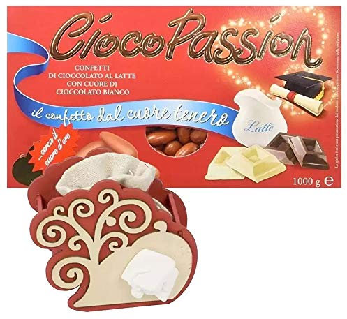 BARATTI Set bomboniere Laurea 24 scatoline Porta Confetti Albero della Vita codice A2592 + 1 kg di Confetti Crispo Ciocopassion Rossi + 24 bigliettini Laurea Fai da Te
