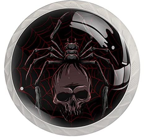 Schubladengriff Spinne mit Totenkopf Schrankgriff Kristall Möbelgriff Modern Schwarz Möbelgriff Türgriff Für Schublade Schrank Kommode Tür 4 Stück 3.5×2.8CM