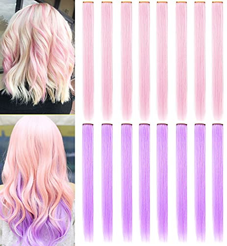 IAMERUI Multicolors Party Highlights glattes Haar, bunter Clip in synthetischen Haarverlängerungen in mehreren Farben, hitzebeständiges langes Haarteil (hellrosa helllila)